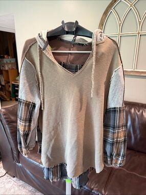 BKE Beige Hooded Tunic with Plaid Sleeve Accents